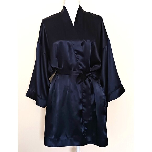 VTG Christian Dior Navy Satin Short Belted Robe Embroidered Dior Monogram Sz M - Picture 1 of 5